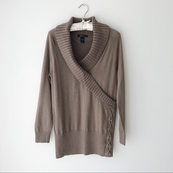 Style & Co tan shawl collar sweater lace u… - Picture 2 of 8